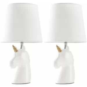 Image of 2 x White & Gold Ceramic Unicorn Table Lamps White Light Shade - No Bulbs