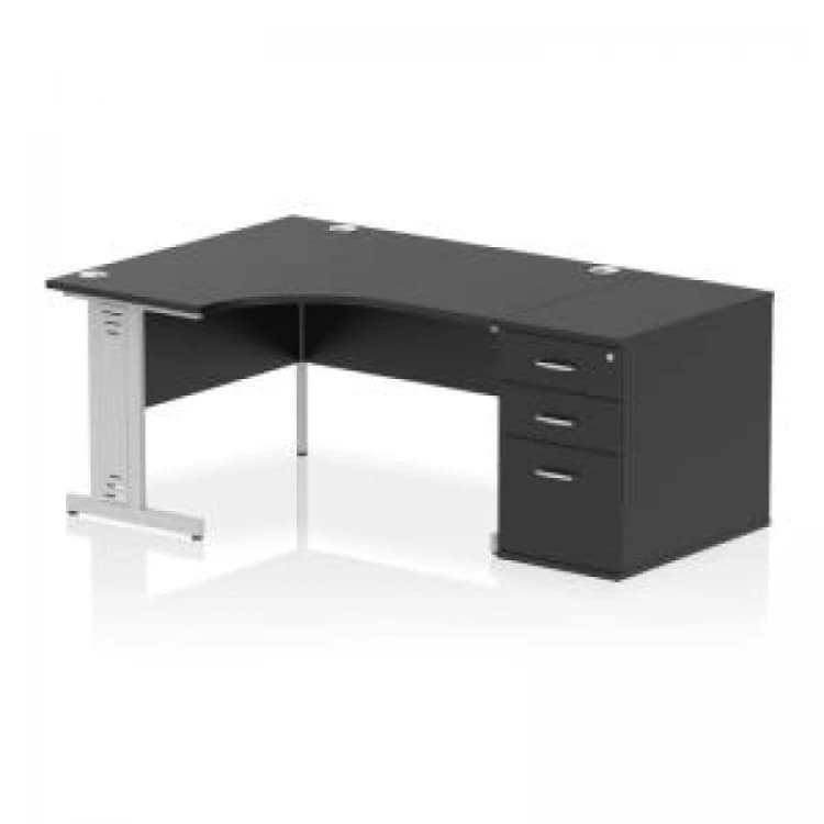 Image of Impulse Impulse 1400mm Left Crescent Office Desk Black Top Silver Cable Managed Leg Workstation 800 Deep Desk High Pedestal IWSLW148BLK