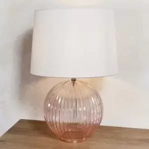 Image of Mia Table Lamp Dusky Pink Ribbed Glass & Vintage White Linen 1 Light IP20 - E27