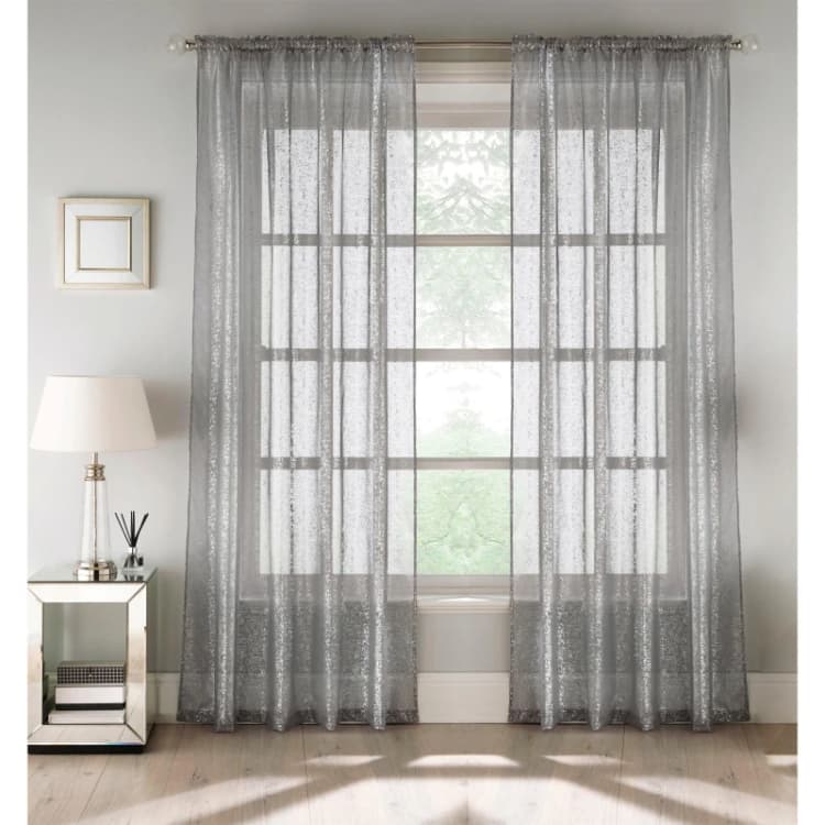 Image of Tyrone Textiles Pandora Metallic Print Voile Panel - Pair Grey