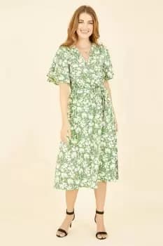 Image of Green Floral Wrap Midi Dress