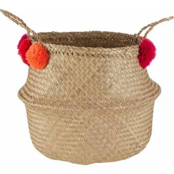 Image of Small Natural Seagrass Pom Pom Basket Decorative Storage Basket With Red and Orange Pom Poms Baskets With Handles w30 x d30 x h28cm - Premier