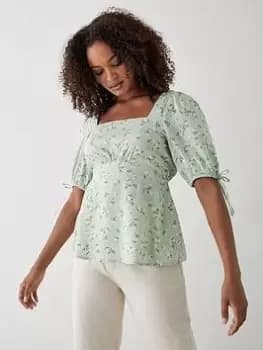 Image of Dorothy Perkins Ditsy Tie Sleeve Tea Blouse - Green, Size 16, Women