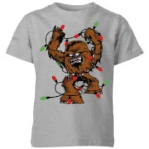Image of Star Wars Tangled Fairy Lights Chewbacca Kids Christmas T-Shirt - Grey - 3-4 Years
