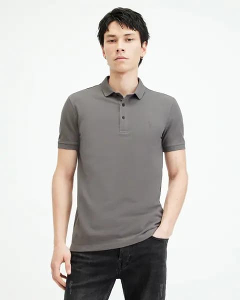 Image of AllSaints Mens Slim Fit Reform Short Sleeve Polo Shirt, White, Size: XXL