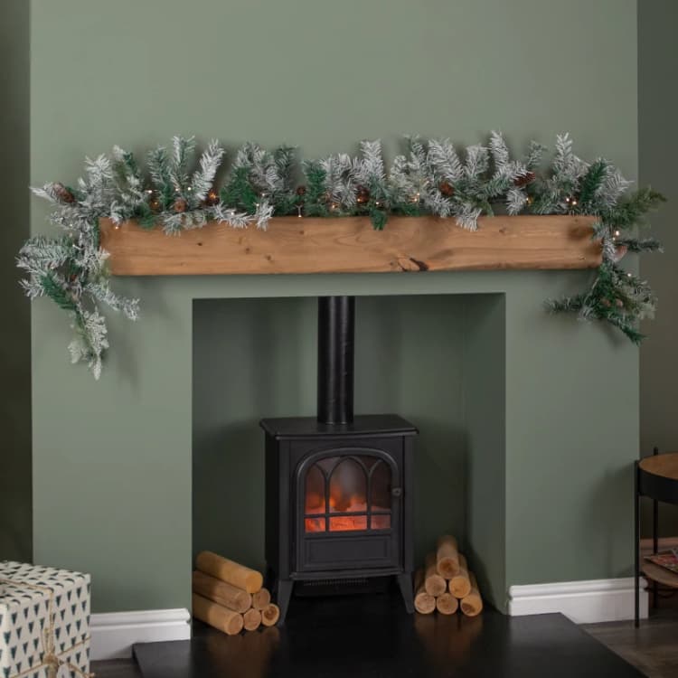 Image of 1.8m Snowy Christmas Garland with Pinecones 96 Tips and 50 Warm White LED Lights