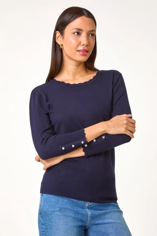 Image of Roman Diamante Button Scallop Edge Jumper Midnight