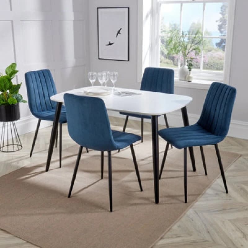 Image of Core Products Aspen White 120Cm Rectangular Dining Table With 4 Blue Cord Fabric Straight Stitch Design Chairs