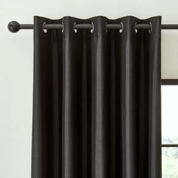 Image of Catherine Lansfield Faux Silk Black Blackout Thermal Eyelet Curtains Black