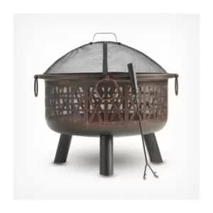 Image of VonHaus Fire Pit Bowl - Geo Firepit with Spark Guard & Poker - Outdoor, Garden, Patio Heater/Burner for Wood & Charcoal - Round Shape - Strong Steel