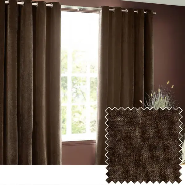 Image of Heavy Chenille Room Darkening Eyelet Curtains Brown, Brown / 117 x 183cm