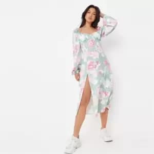 Image of Missguided Woven long sleeve split front dress - Green
