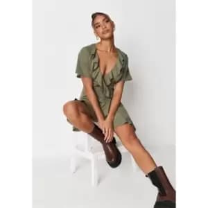Image of Missguided Basic Ruffle Wrap Tea Dress - Green