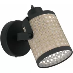 Image of Loops - LED Wall Light / Sconce Black & Wicker Pattern Adjustable Shade 10W E27 Bulb