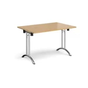 Image of Rectangular folding leg table with chrome legs and curved foot rails 1200mm x 800mm - oak