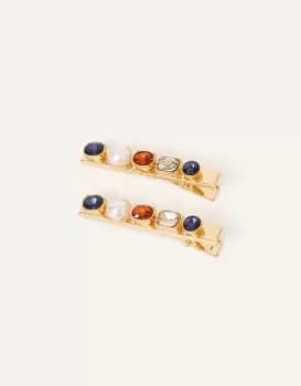 Image of Accessorize Womens Mixed Gem Pearl Hair Clips Set of Two