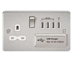 Image of Flat plate 13A switched socket with quad USB charger - brushed chrome with white insert