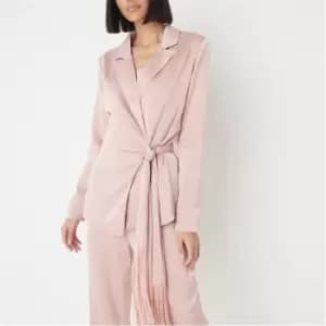 Image of Missguided Fringe Satin Tie Waist Blazer - Pink