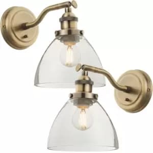 Image of 2 PACK Dimmable LED Wall Light Antique Brass Glass Shade Adjustable Lamp Fitting
