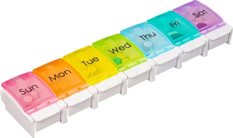 Image of 7 Day Weekly Pill Storage Box with Push Button Release.Medication Box,Weekday Medicine Storage,Ideal for Arthritis,Alzheimers,Dementia,Tablets ELV-517