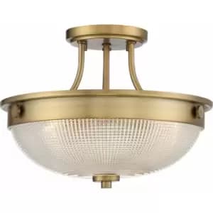 Image of 2 Bulb Semi Flush UpLight Prismatic Glass Dome Shade Weathered Brass LED E27 60W