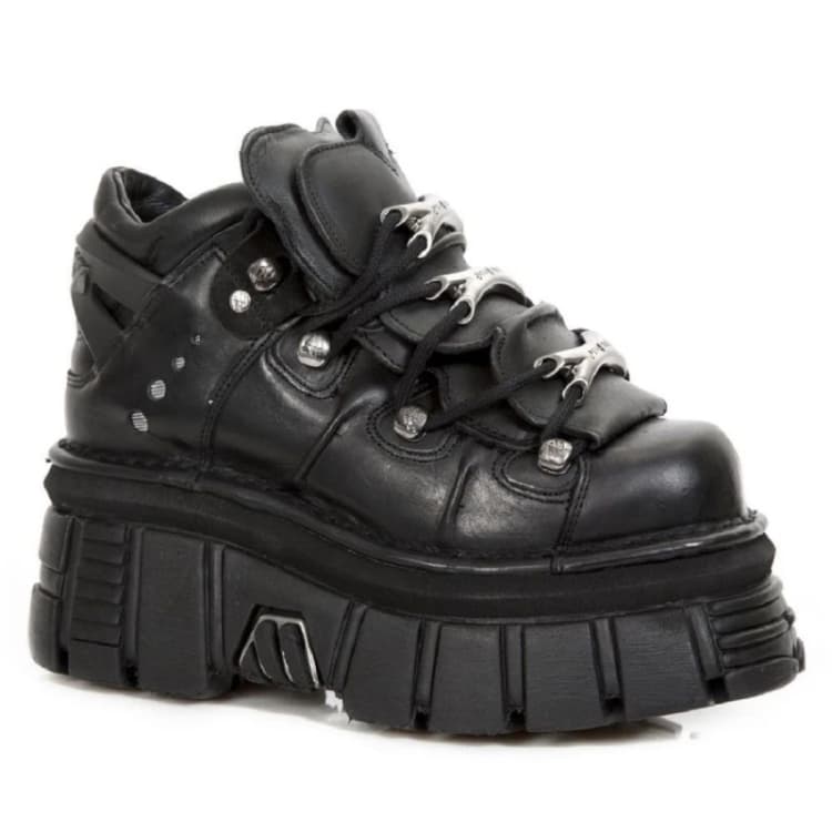 Image of New Rock New Rock 106-S29 Tower Shoes Metallic Leather Biker Punk Gothic Boots Black unisex