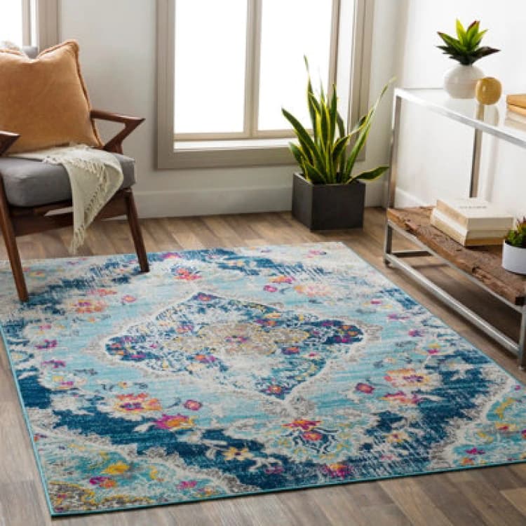 Image of Livabliss Floransa-Vintage Blue Beige Grey Pink Traditional Boho Living Dining Bedroom Rug 100 X 153cm Easy Care, Non Shedding