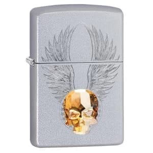 Image of Zippo Satin Chrome 205 Gold Skull Design Windproof Lighter