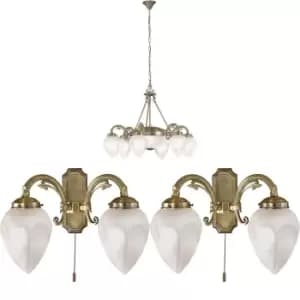 Image of Ceiling Pendant & 2x Matching Wall Lights Bronze & Opal Glass Multi Chandelier
