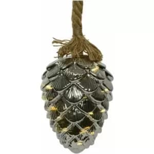 Image of Xmas 15 W White Micro LED Spigot Gold 15cm Pine Cone Smoked Glass Bauble & rope