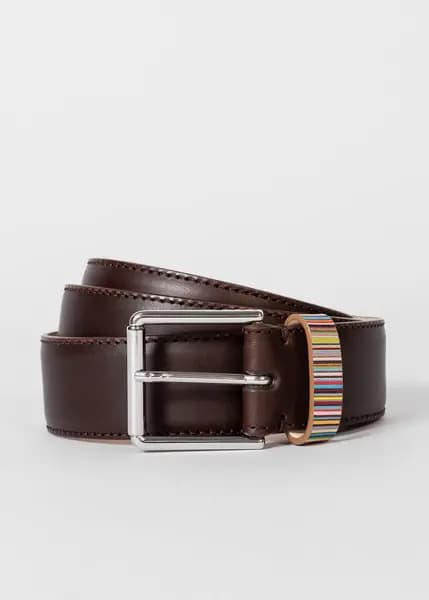 Image of Paul Smith Dark Brown Leather Belt With 'Signature Stripe' Keeper