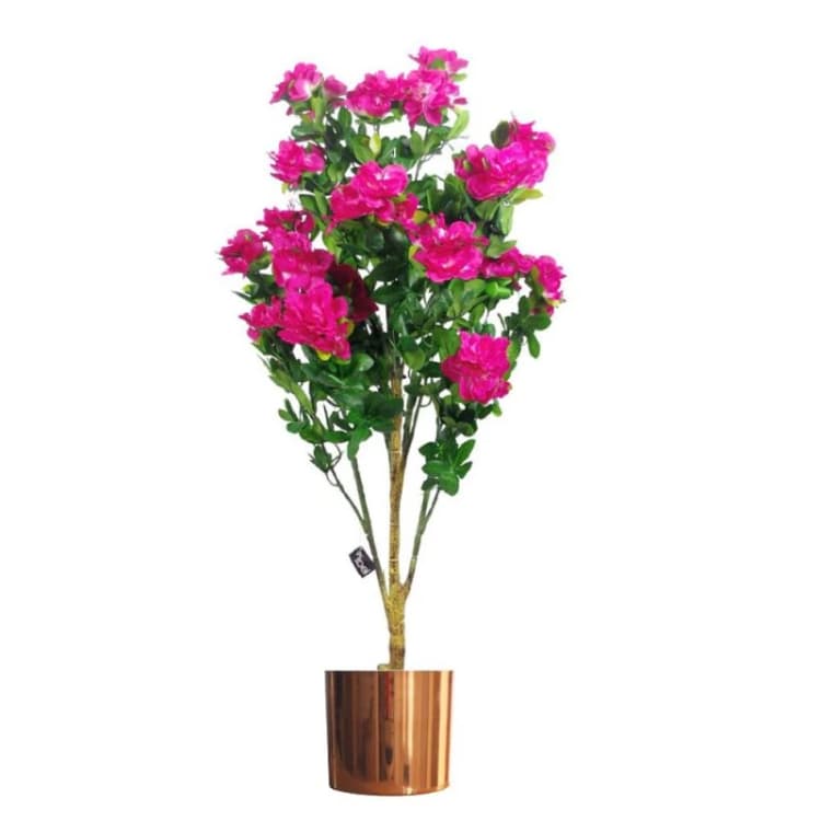 Image of Leaf 100cm Realistic Artificial Azalea Pink Flowers Potted Plant with Copper Metal Planter