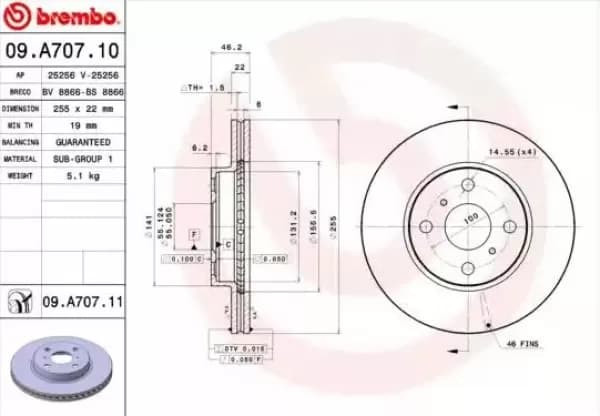 Image of BREMBO Brake disc TOYOTA 09.A707.11 435120D090,4351252120,435120D220 Brake rotor,Brake discs,Brake rotors 435120D130,435120D230