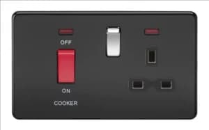 Image of KnightsBridge 2G 45A DP 230V Screwless Matt Black Electric Switch With Neon and Socket