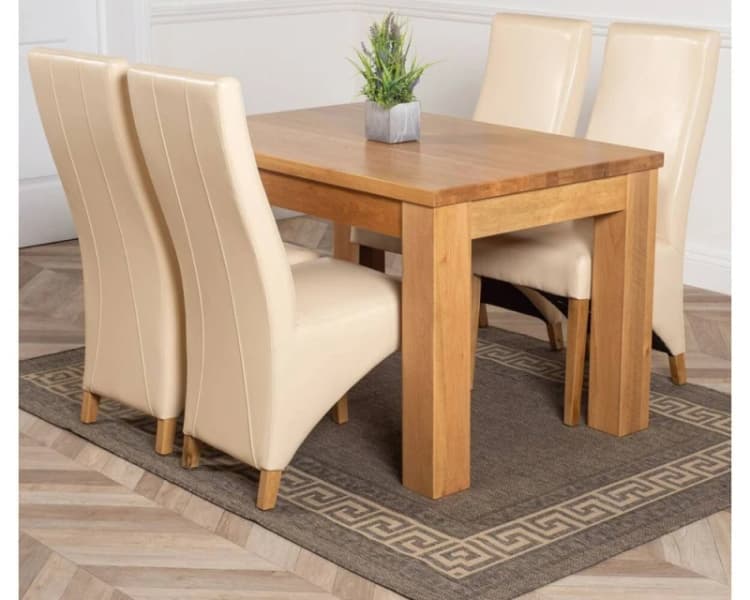 Image of Thats Furniture Dakot 127 x 82cm Oak Small Dining Table & 4 Lola Leather Chairs in Cream Size: 127 x 82cm Cream Unisex 127 x 82 cm