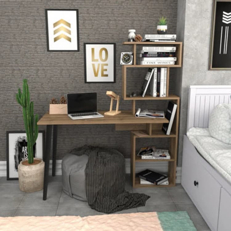 Image of Decorotika Vina Computer Desk Study Desk With Included Bookshelf Shelving Unit - Walnut, Brown VIN47CD01