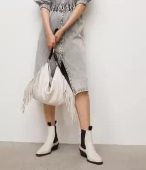 Image of AllSaints Womens Edbury Leather Fringed Shoulder Bag, Salt Lake White