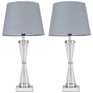 Image of Minisun - 2 x Chrome Hourglass Table Lamps with a Tapered Shades - Grey - No Bulb