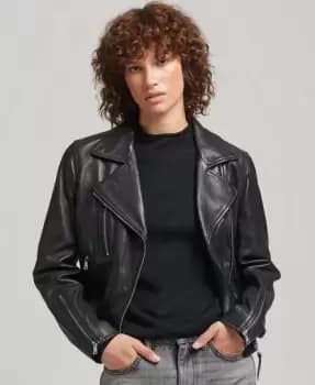 Image of Superdry Womens Leather Biker Jacket Black - Size: 12