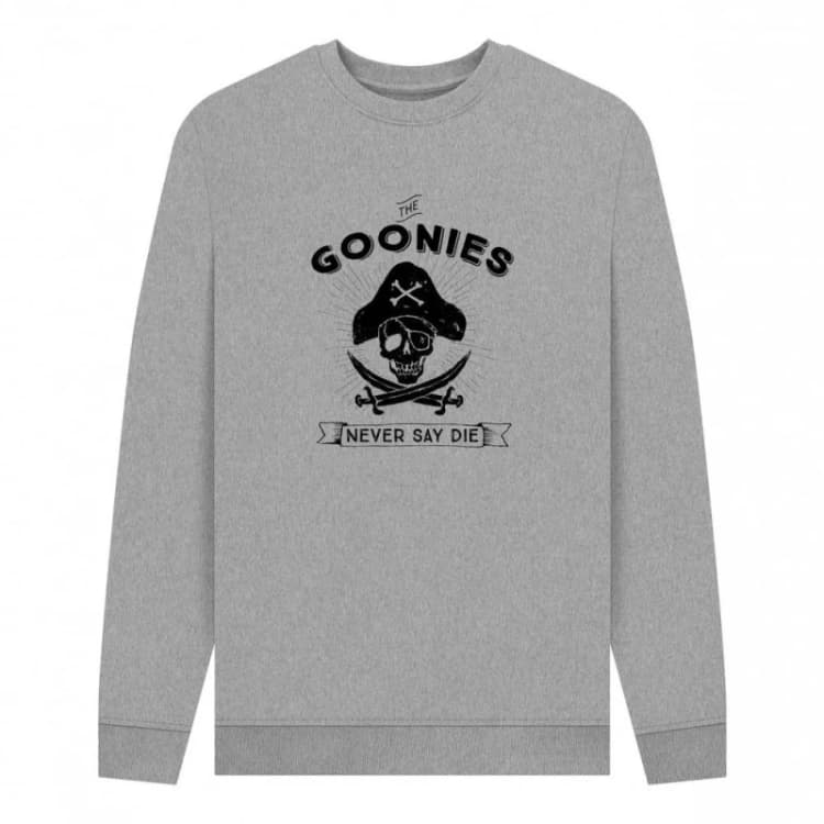 Image of The Goonies Mens Never Say Die Pirate Sweatshirt in Light Grey Size: Small Light Grey Male S