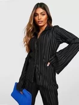 Image of Boohoo Flared Sleeve Plisse Shirt - Black, Size 12, Women