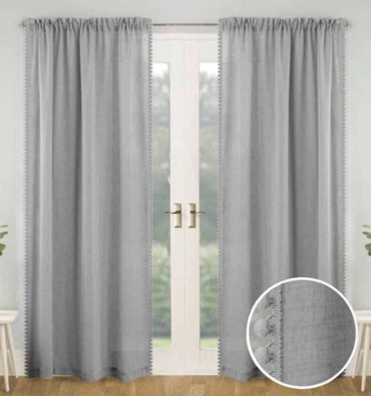 Image of Tyrone Textiles Tahiti Pom-Pom Trim Linen-Look Voile Panel - Pair Grey