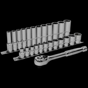 Image of Sealey 25 Piece 3/8" Drive Ratchet Wrench and Socket Rail Set 3/8"