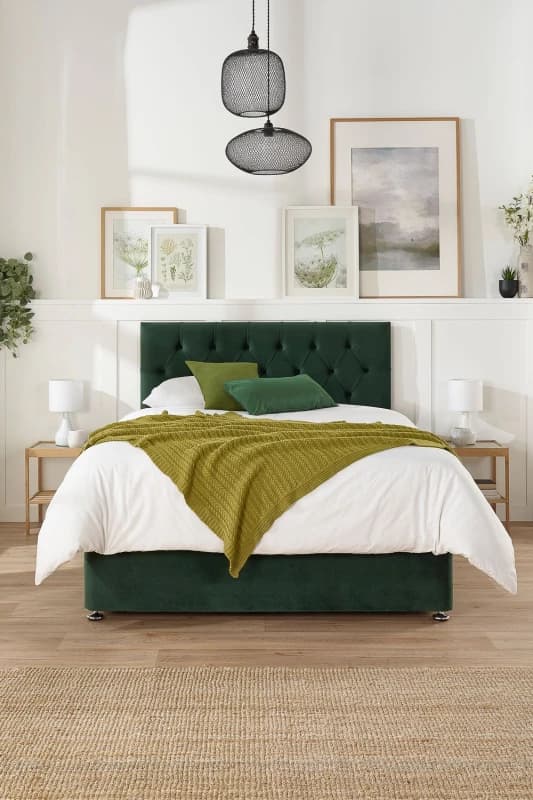Image of Aspire Aspire Olivier Divan and Hybrid Memory Pocket Mattress, Plush Fabric, Strutted Headboard, No Drawers Emerald