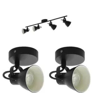 Image of Quad Ceiling Spot Light & 2x Matching Wall Lights Matt Black Adjustable Shade