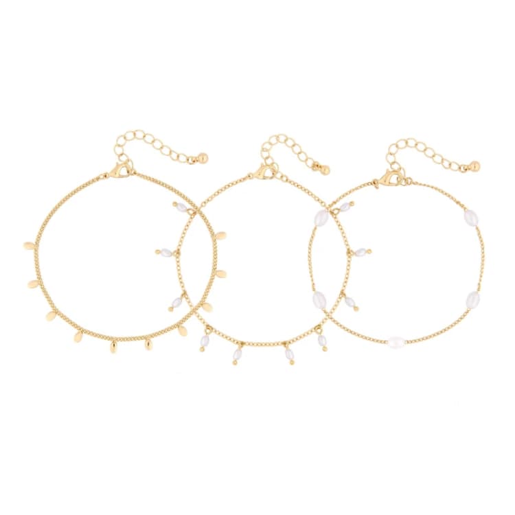 Image of Mood Gold Cream Pearl And Crystal Anklets - Pack of 3 Anklets One Size Gold 87939810000