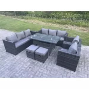 Image of Fimous 8 Seater Outdoor Dark Grey Rattan Lounge Complete Sofa Set with Rectangular Dining Table and 2 Stools