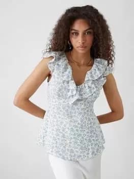 Image of Dorothy Perkins Ditsy Ruffle Front Shell Blouse - Light Blue Size 10, Women