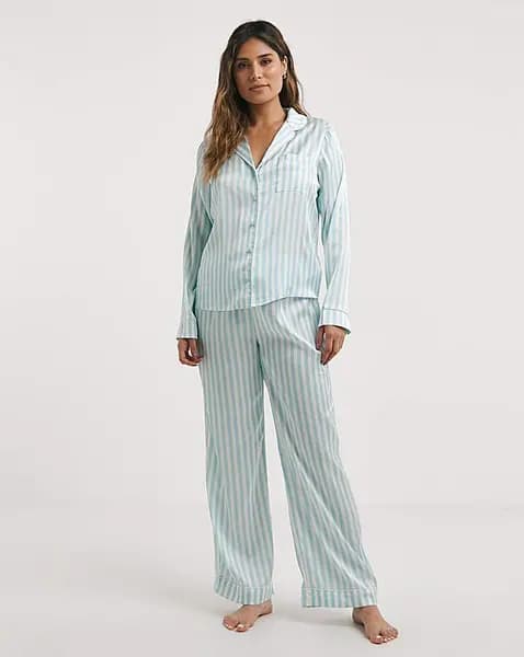 Image of Boux Avenue Boux Avenue Stripe Long PJ Set Duck Egg Duck Egg Female 16 QV72904