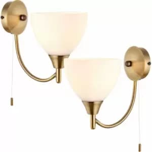 Image of 2 PACK Dimmable LED Wall Light Antique Brass & Frosted Glass Shade Curved Lamp